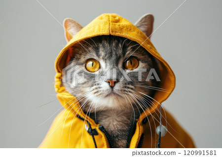 Happy cat wearing Electrician costumes, studio lighting, isolated on white background, stock photographic style 120991581