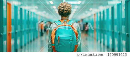 A student walks down a hallway with lockers on either side. 120991613