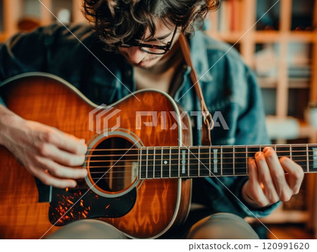 A young man plays an acoustic guitar, focusing intently on the strings. The warm lighting and rustic wood background add a cozy atmosphere. A young man plays an acoustic guitar, focusing intently on the strings. The warm lighting and rustic wood background add a cozy atmosphere. 120991620