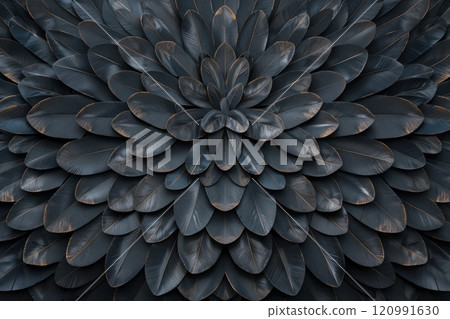 Abstract pattern of dark blue overlapping shapes, resembling feathers or scales, creating a textured background. 120991630