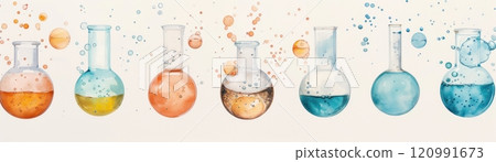 Row of colorful beakers with liquid and bubbles. 120991673