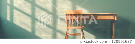 Sunlight streams through a window, casting shadows on a wooden chair and desk. 120991687