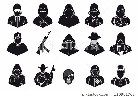Thief icon, criminal person sign, bandit in mask, burglar silhouette, killer, gangster or robber in balaclava 120991765