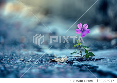 Blooming flower growing on crack street, asphalt plant, pavement sprout, flower on crack asphalt 120992047