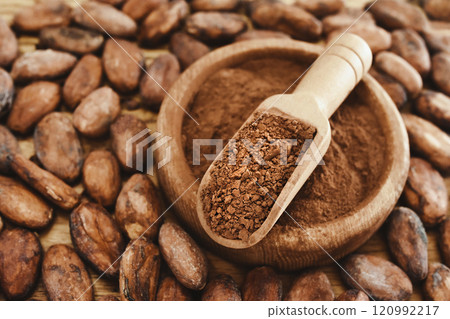 Cocoa powder in spoon on brown cocoa beans background, selective focus, shallow DOF 120992217