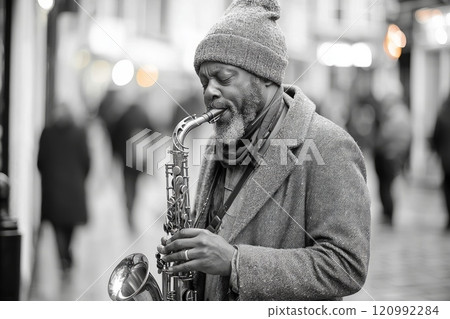 street musician passionately plays saxophone surrounded bustling urban environment afternoon. black and white tone enhances emotional depth moment. 120992284
