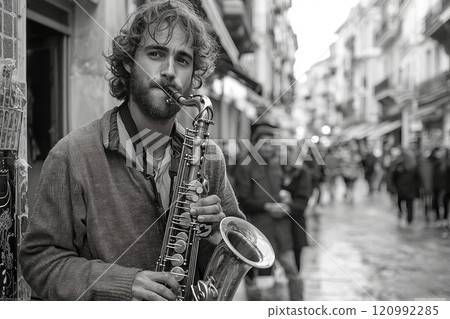 street musician skillfully plays saxophone immersing himself soulful melody while surrounded lively afternoon crowd busy city corner. 120992285