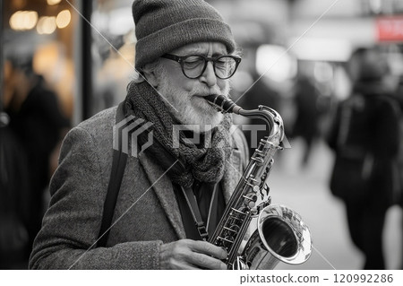 street musician captivates passersby as he plays soulful tune his saxophone bustling city corner afternoon light evoking deep emotions. street musician captivates passersby as he plays soulful tune his saxophone bustling city corner afternoon light evoking deep emotions. 120992286