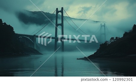suspension bridge stands silent foggy landscape blending natural surroundings dawn. soft light enhances moody atmosphere highlighting structure's elegance. 120992301