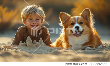 Children are engaged building sandcastles while happy dog plays nearby. warm glow sunset creates magical atmosphere enhancing fun and creativity their beach day. 120992335