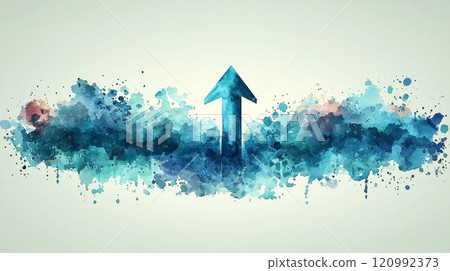 vibrant turquoise arrow points upward soft watercolor background blended blue green and purple. 120992373