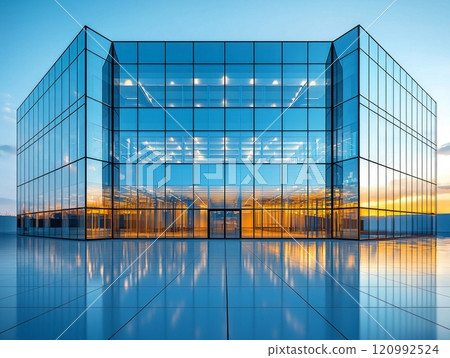 modern architectural marvel features striking reflective glass facades emphasize symmetry clean lines. 120992524