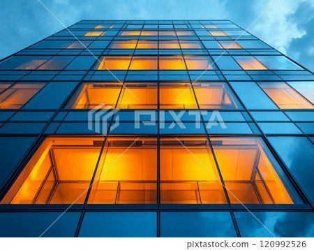 striking modern building features reflective glass facades and sharp symmetry. warm glow interior contrasts beautifully evening sky golden hour. 120992526