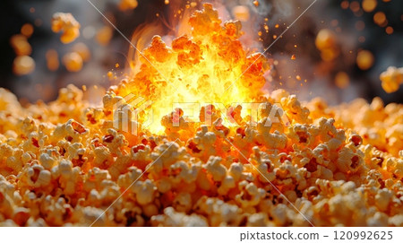 Golden popcorn erupts chaotic explosion scattering kernels and creating vibrant display. dynamic texture highlights playful essence classic snack artistic manner. Golden popcorn erupts chaotic explosion scattering kernels and creating vibrant display. dynamic texture highlights playful essence classic snack artistic manner. 120992625