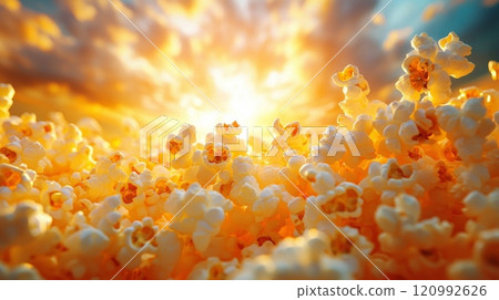 dynamic explosion popcorn kernels erupts showcasing chaos fluffy textures and vibrant golden colors. scene captures essence snack excitement and culinary delight. dynamic explosion popcorn kernels erupts showcasing chaos fluffy textures and vibrant golden colors. scene captures essence snack excitement and culinary delight. 120992626