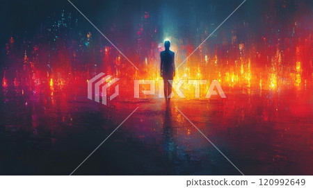ethereal figure shines vibrant light mystical environment. Surrounding fog symbolizes crowd contrasting figure's serene confidence and individuality. 120992649