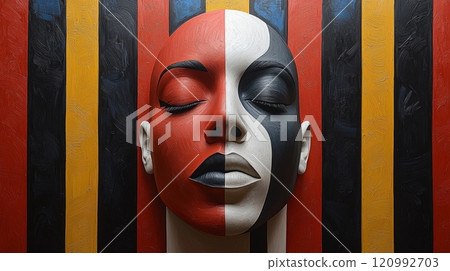 artwork features unique geometric shape bursting color standing repetitive monochromatic backdrop. Dynamic lines enhance balance individuality. 120992703