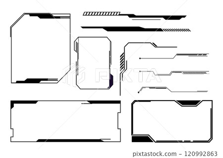 Futuristic HUD frames, borders text box game menu ui panel. Line tech line bar. Screen elements Sci Fi for Gaming UX UI 120992863