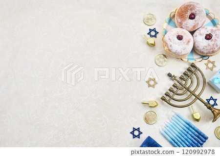 Hanukkah Celebration framework. Flat Lay Hanukkah Celebration framework. Flat Lay 120992978
