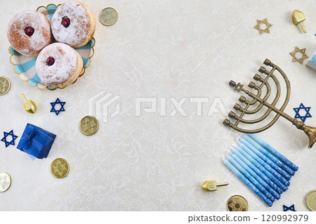 Hanukkah Celebration framework. Flat Lay Hanukkah Celebration framework. Flat Lay 120992979