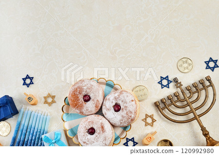 Hanukkah Celebration framework. Flat Lay Hanukkah Celebration framework. Flat Lay 120992980
