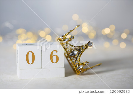 Happy Epiphany day, three kings day. Calendar with king crown on white background Happy Epiphany day, three kings day. Calendar with king crown on white background 120992983