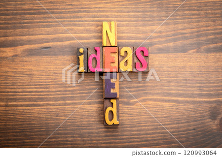 Need Ideas. Words from the letters of the alphabet. Crossword with wooden cubes 120993064