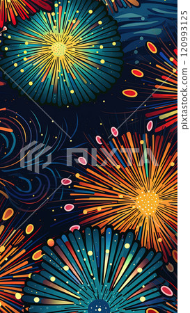 Vibrant groovy background featuring colorful fireworks for New Year Eve celebration. 120993125
