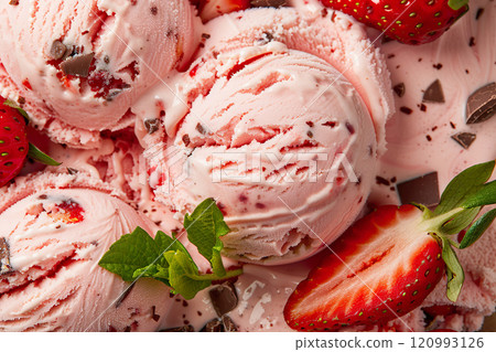 Creamy strawberry ice cream scoops surrounded by fresh strawberries. 120993126