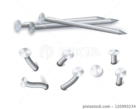 Nails hammered into wall steel straight and bent metal hardware spikes. Hobnails with grey caps top view isolated on transparent background. Vector 120993234
