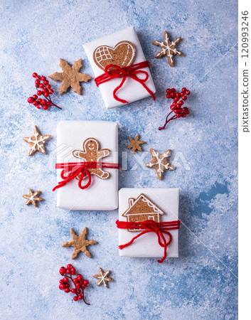 Christmas festive background with gift boxes 120993246