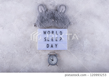 World sleep day sign with grey eye mask World sleep day sign with grey eye mask 120993253