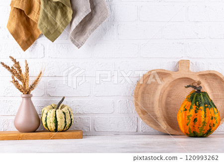 Kitchen counter top with cutting board 120993262