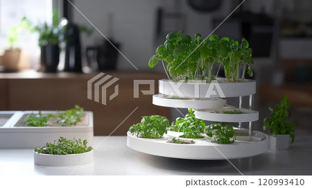 Discover a stylish indoor hydroponic herb garden that offers fresh greens for your kitchen 120993410