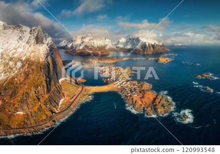 Panoramic aerial view of Reine fishing village at sunrise 120993548