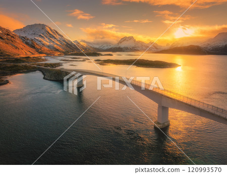 Aerial view of fredvang bridges at colorful sunset in winter 120993570
