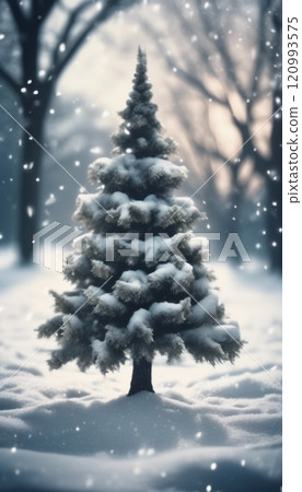 Snow-covered evergreen tree in tranquil winter forest. Soft snowfall creates serene, magical atmosphere. Ideal for capturing essence of winter wonderland, seasonal themes, holiday inspiration. 120993575