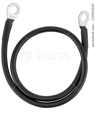 Insulated wire on ends with terminals, for battery on white background in insulation 120993604