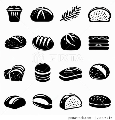 Bread loaves icon, bakery products set, flat minimal pastry collection, baked buns, baguettes symbols 120993716