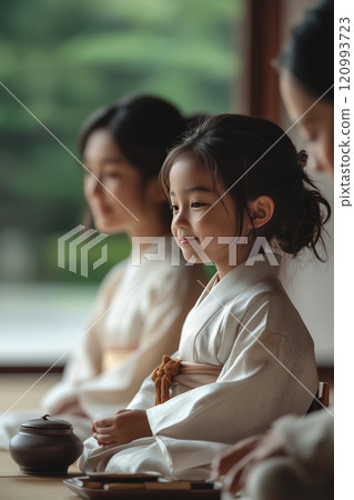 Young Japanese girl in traditional attire sitting gracefully with others during a tea ceremony 120993723