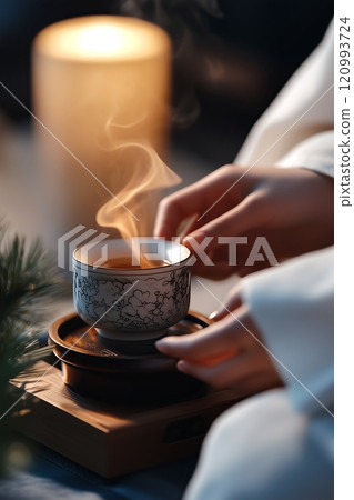 Woman's hands holding a steaming cup of tea in an intricately designed cup 120993724