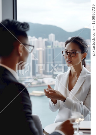Two business professionals engaged in a focused conversation in a modern office 120993729