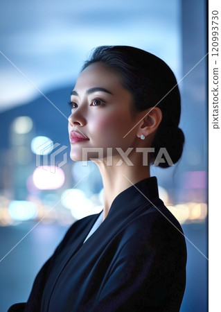 Elegant asian businesswoman gazing thoughtfully through a window at a vibrant cityscape 120993730