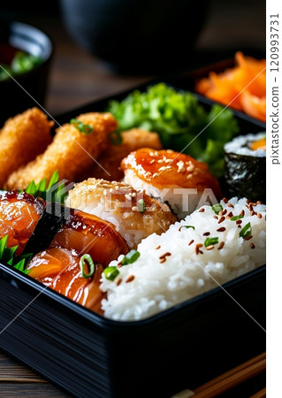 Japanese bento box with grilled salmon, rice with sesame seeds, crispy tempura, fresh greens, sushi 120993731