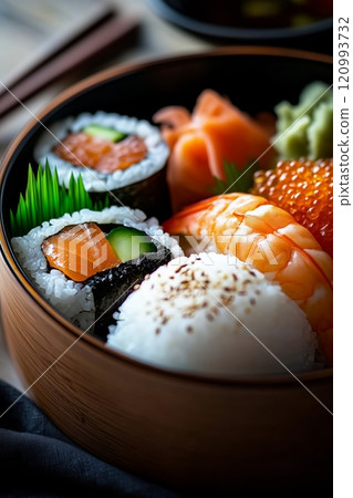 Japanese bento box featuring sushi rolls, fresh shrimp, salmon sashimi, rice, roe, and wasabi 120993732