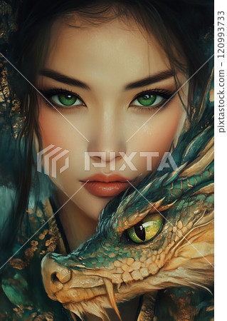 woman with vibrant green eyes and soft features, intimately posed alongside a majestic dragon 120993733