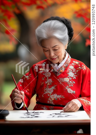 Elderly woman in a traditional red embroidered dress, gracefully practicing calligraphy outdoors. 120993748