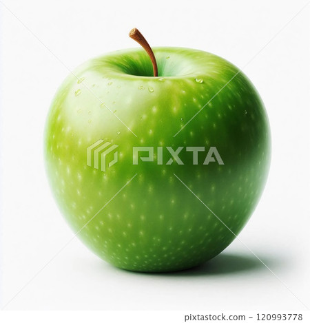 Close-Up of a Fresh Green Apple with Water Droplets on Its Surface Against a White Background, Highlighting Its Juicy and Crisp Texture, Perfect for Healthy Eating Concepts 120993778