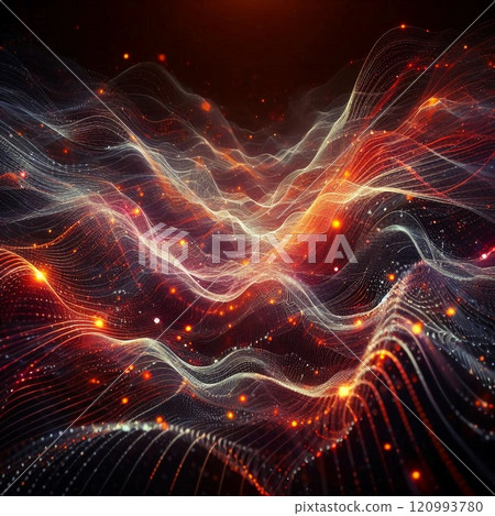 A mesmerizing digital landscape of flowing lines and glowing particles creating a dynamic and futuristic abstract background. A mesmerizing digital landscape of flowing lines and glowing particles creating a dynamic and futuristic abstract background. 120993780
