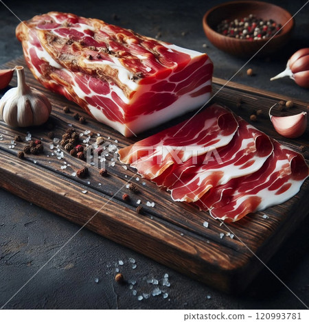 Rustic Gourmet Arrangement of Cured Ham with Artisan Slices and Seasonings on Wooden Board Amidst Authentic Rustic Setting 120993781